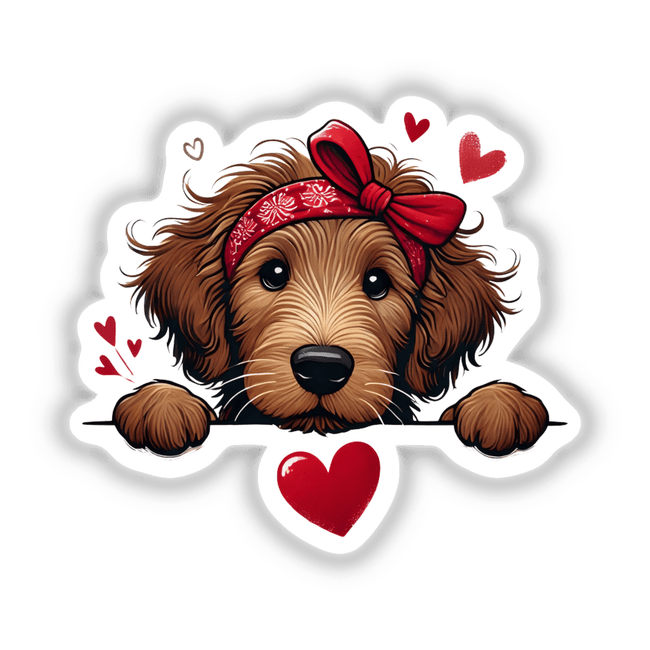 Peeking Brown Goldendoodle Dog cartoon wearing a red bandana, available as stickers or digital artwork.