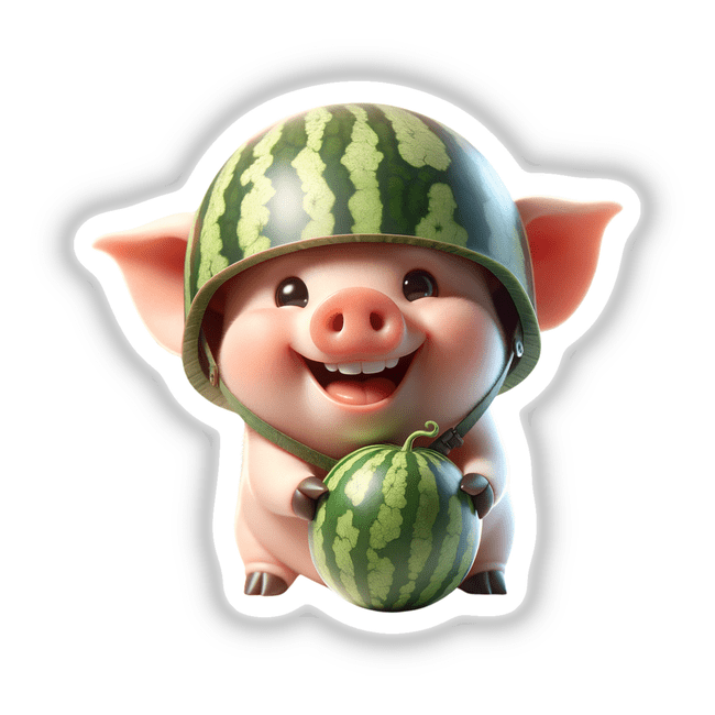 Happy Pig Wearing a Watermelon Helmet