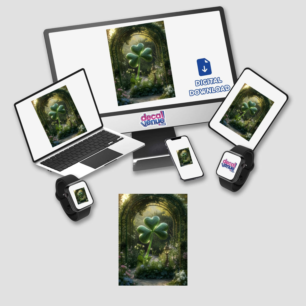 Enchanted Clover Garden sticker or digital artwork featuring a laptop and monitor displaying a giant lush shamrock under a green archway, perfect for adding charm to your tech accessories.