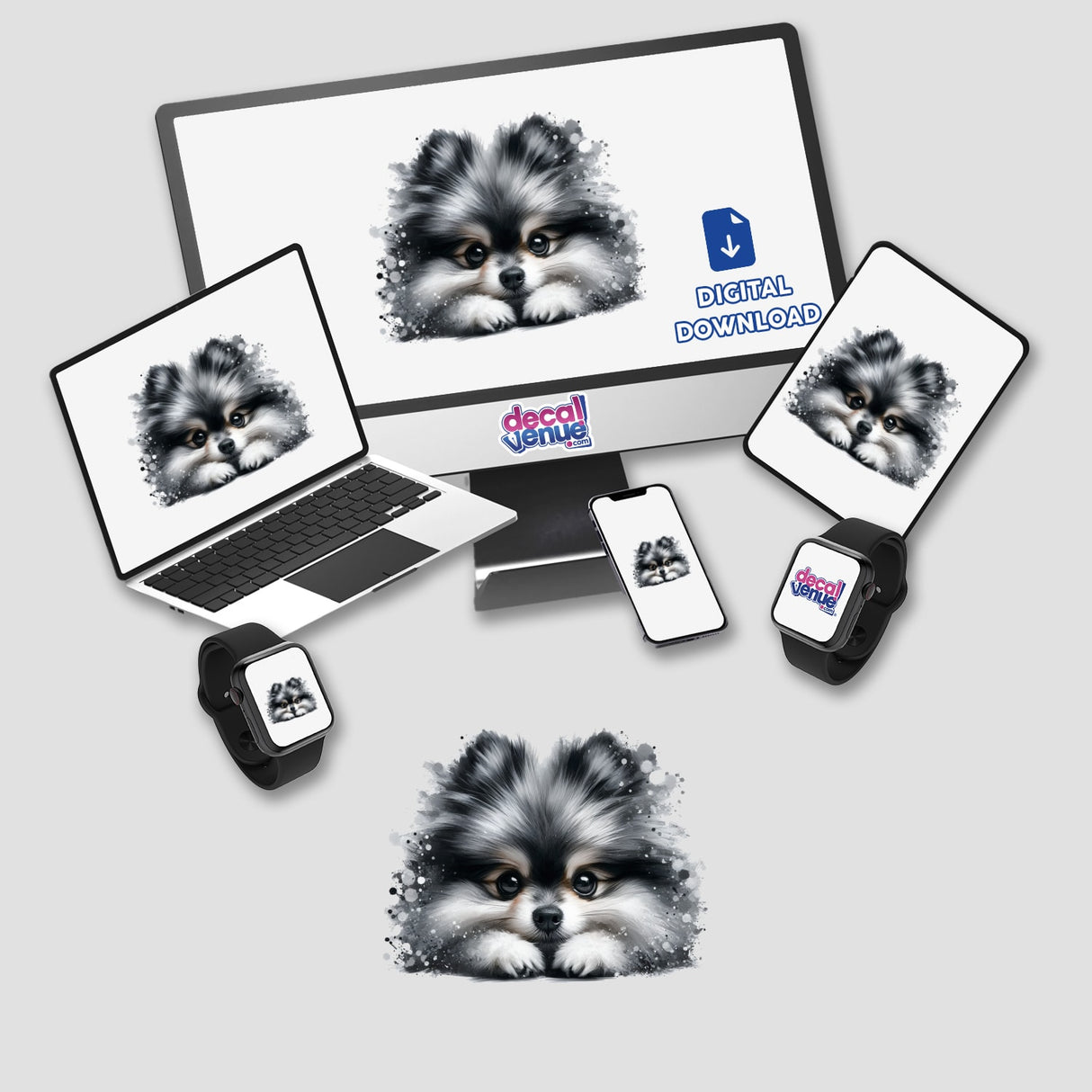 Peeking Sable Wolf Pomeranian Splatter depicted on a computer monitor and laptop screen, showcasing its playful illustration style available as unique stickers or digital artwork from Decal Venue.