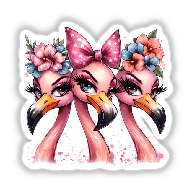 Sassy Flamingo Trio Birds illustration featuring cartoon flamingos adorned with flowers on their heads, available as unique stickers or digital artwork from Decal Venue.