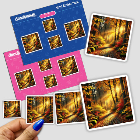 Hand holding a sticker pack titled Golden Leaves - A Forest Path Covered in Autumn Foliage, showcasing intricate forest scenes.
