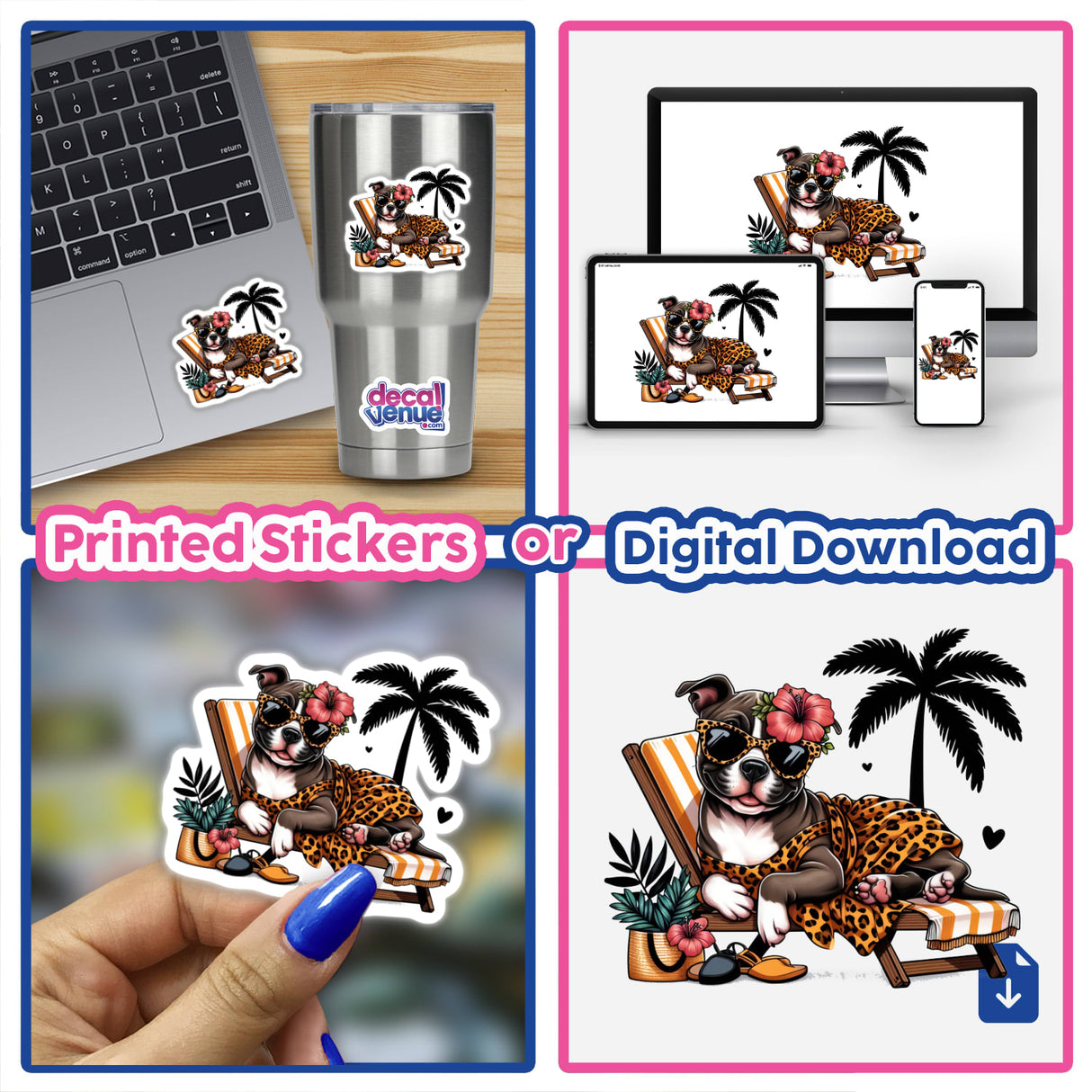 Lounging at Beach Pitbull with Leopard Sarong featured in a collage of stickers and digital artwork, showcasing a dog in sunglasses and leopard-print attire, embodying Decal Venue's unique vinyl sticker artistry.