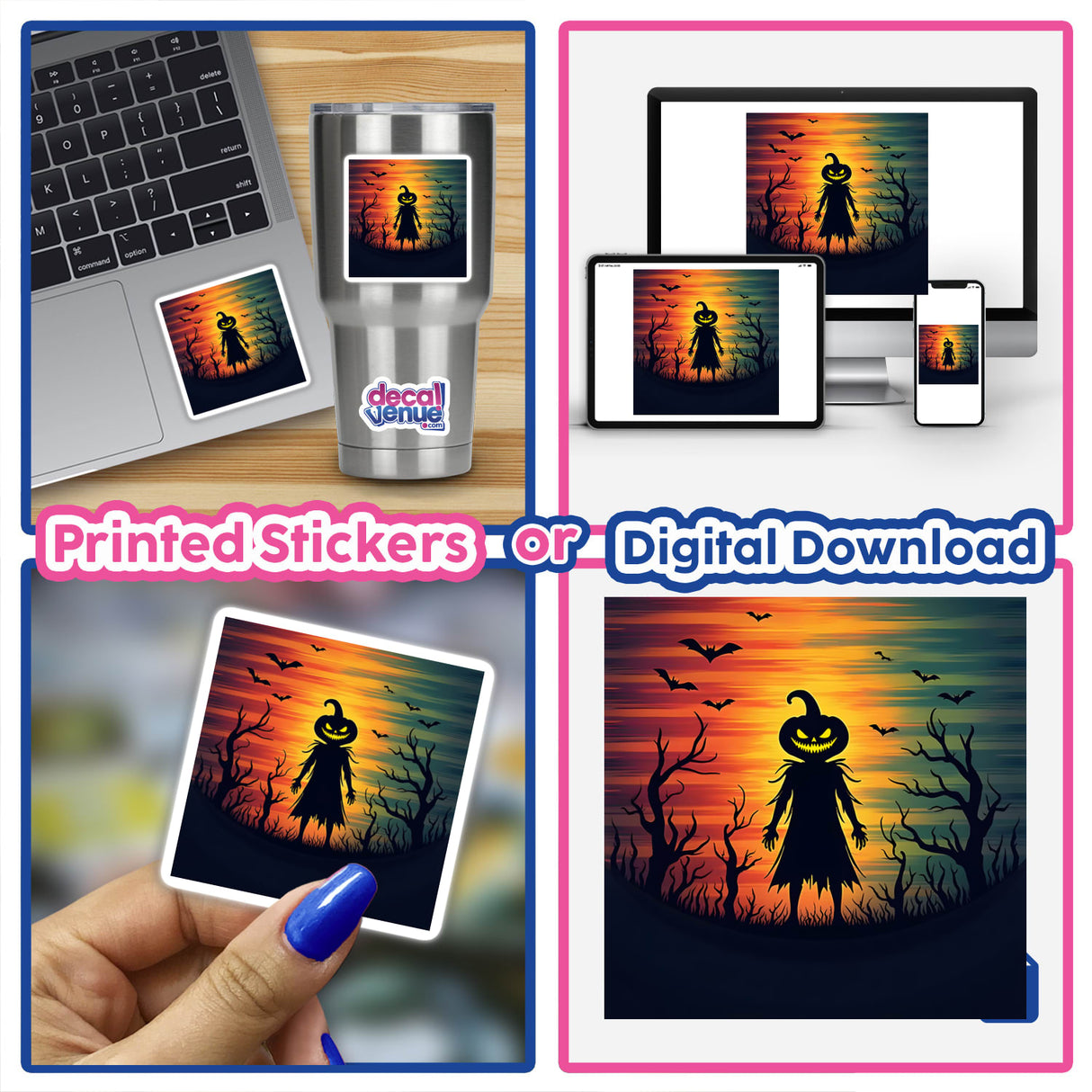 Evil Pumpkin Silhouette with Bold Color Stripes Halloween sticker on a laptop, close-up of a finger, and a person holding a picture, emphasizing unique stickers and digital art from Decal Venue.
