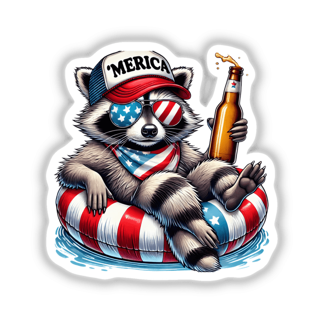 Raccoon in hat and sunglasses holding a beer, featured in the Raccoon American Flag Float Merica design. Available as stickers and digital downloads at Decal Venue.