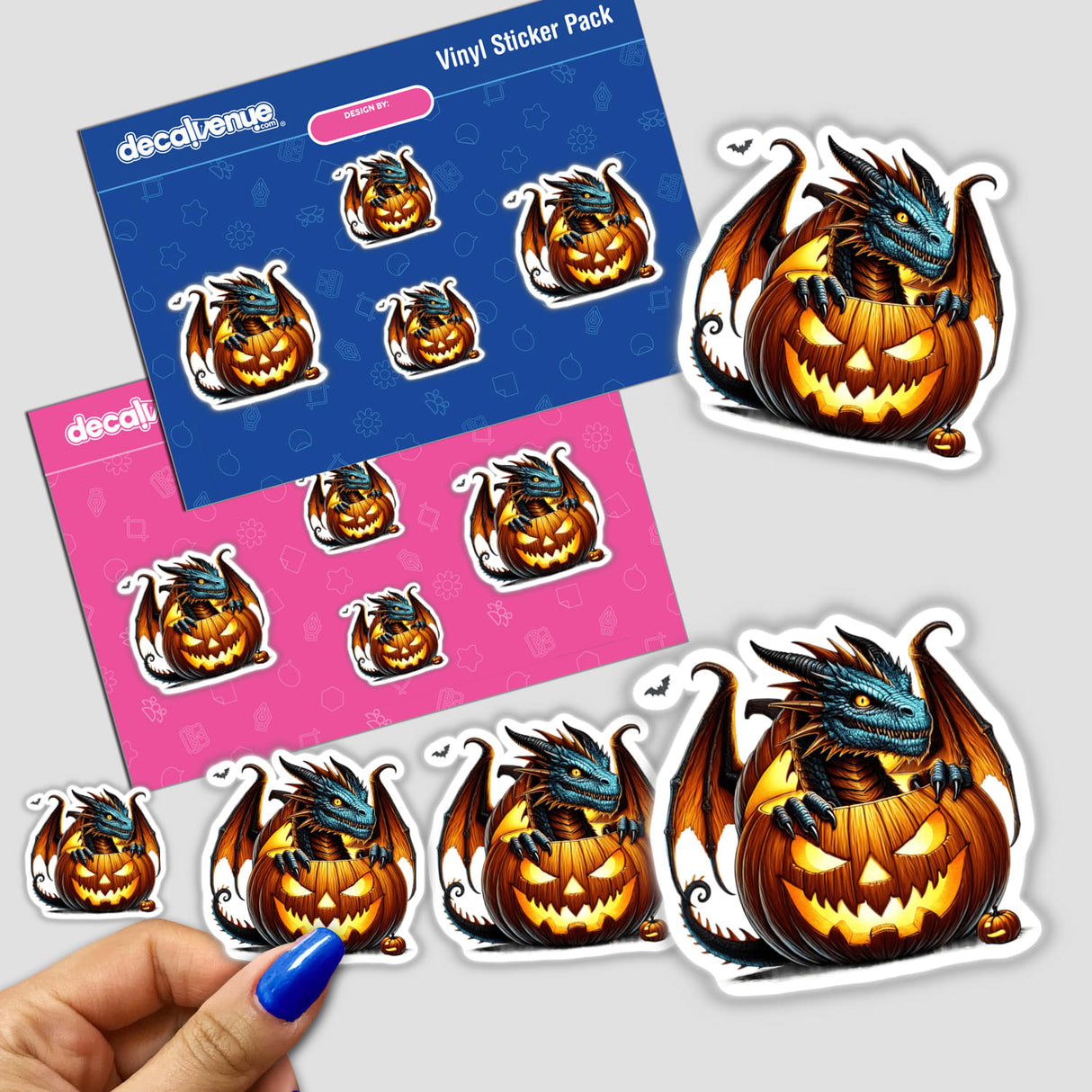 Digital artwork of a dragon peeking out of a carved pumpkin for Halloween, presented as a vinyl sticker pack by DecalVenue, an online store offering unique stickers and digital art.