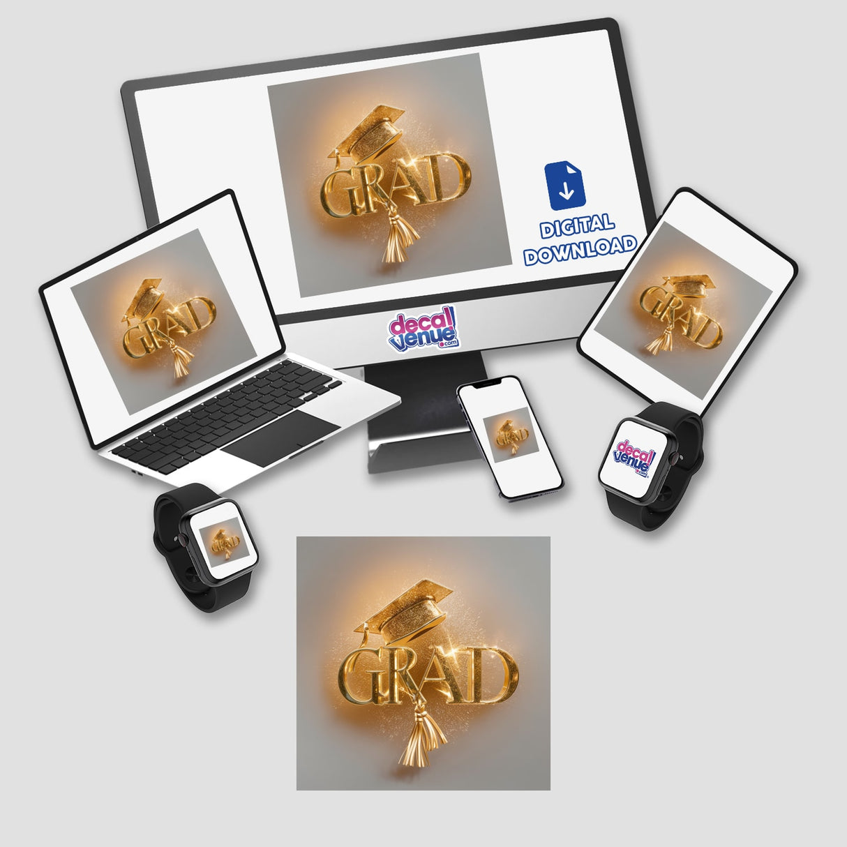 Gold Grad Graduation Cap - Stylized digital art with a golden graduation cap motif, depicting a premium graduation design product available at Decal Venue.