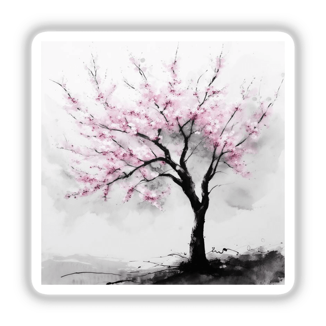 Cherry Tree Blossoming in Spring Sumi-e Japanese Watercolor, available as stickers or digital artwork, showcases delicate brushstrokes representing a blossoming cherry tree, capturing traditional Japanese artistry.