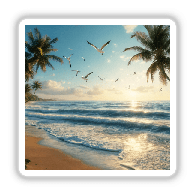 Serene Sunrise Seagulls Over Ocean Waves: A tranquil beach scene with palm trees and birds soaring above gentle waves, available as stickers or digital artwork from Decal Venue.