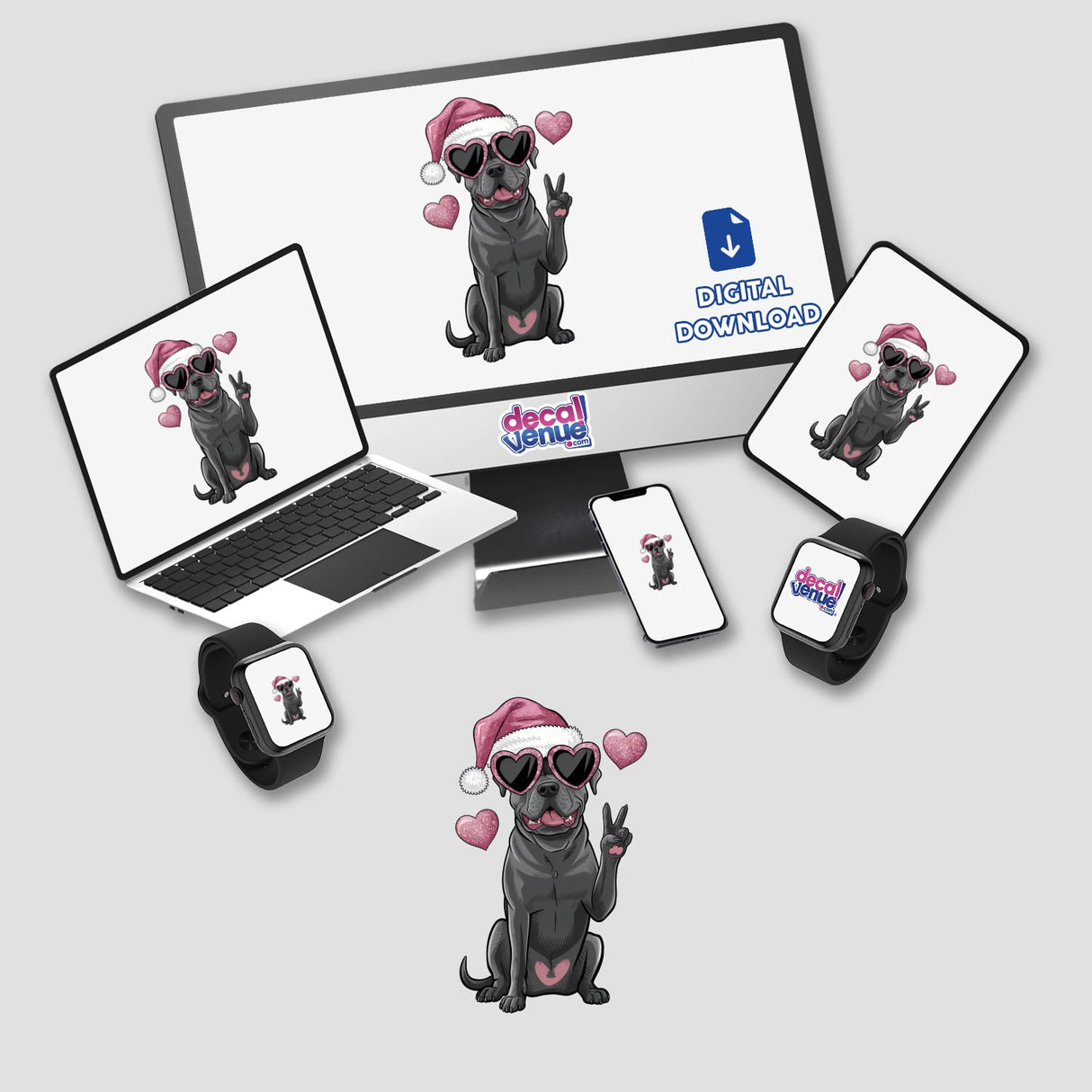 Christmas Santa Pitbull Dog Peace Sign II on a variety of digital screens, featuring a dog in pink heart-shaped sunglasses and a Santa hat, available as stickers or digital artwork.