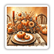 Thanksgiving Table - Festive Feast with Pumpkins and Leaves: A still life painting featuring pumpkins, flowers, a wooden fork, and a lit candle, perfect as stickers or digital artwork.