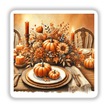 Thanksgiving Table - Festive Feast with Pumpkins and Leaves: A still life painting featuring pumpkins, flowers, a wooden fork, and a lit candle, perfect as stickers or digital artwork.