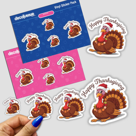 Sticker pack titled Happy Thanksgiving Turkey Bird II, featuring cartoon turkeys, including one wearing a Santa hat, held in a hand, available as stickers or digital artwork.