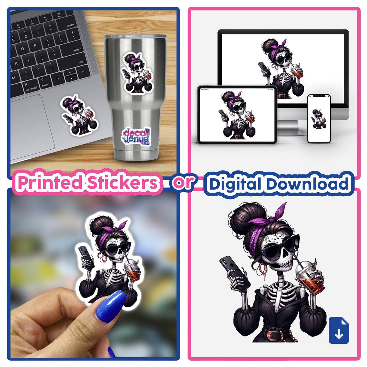 Spooky Halloween skeleton mama with cell phone - available as stickers or digital download format