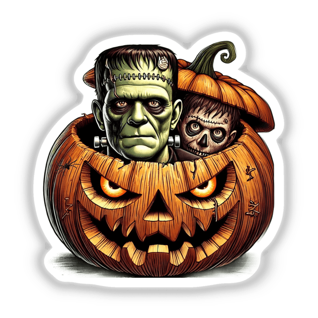 Frankenstein Peeking Out of Spooky Jack-o'-lantern - Festive Halloween Digital Artwork