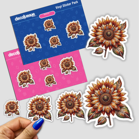 Radiant Sunflower Art stickers featuring intricate floral designs and a hand displaying a fingernail with a flower detail. Available as stickers or digital artwork.