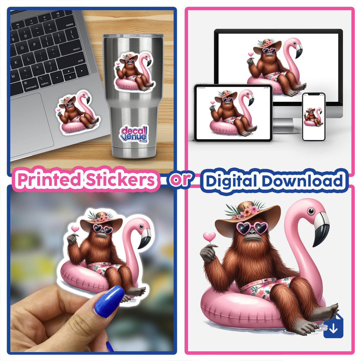 Sasquatch Chillin in Flamingo Float: A collage featuring a cartoon Sasquatch wearing sunglasses and a hat, lounging on a flamingo float, available as vinyl stickers or digital artwork.