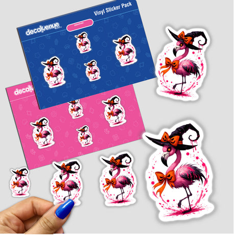 Spooky Halloween Flamingo Bird stickers featuring flamingos in hats; available as physical stickers or digital artwork.