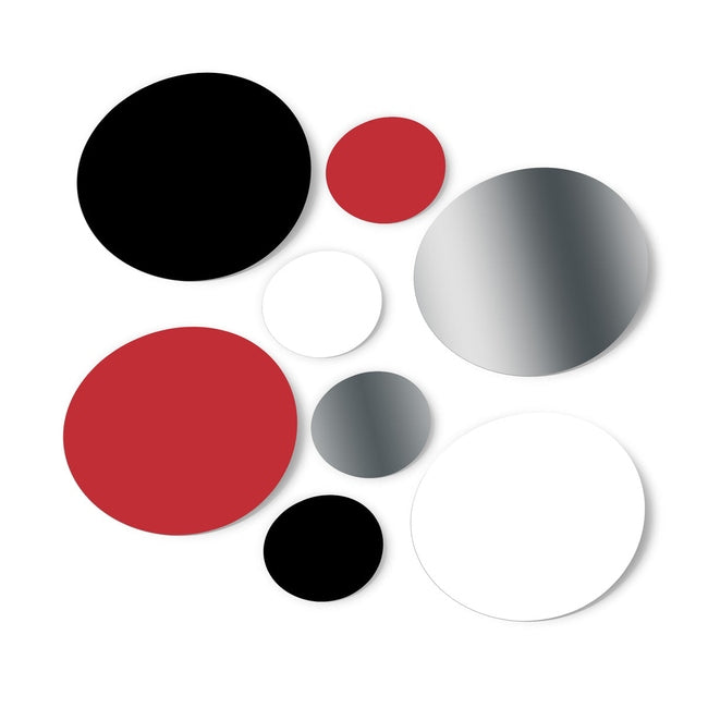 Red / Black / Metallic Silver / White Polka Dot Circles Wall Decals arranged in a group, showcasing their vibrant variety and sizes, perfect for decorating any smooth surface.