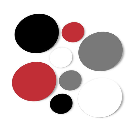 Red / White / Black / Grey Polka Dot Circles Wall Decals in various sizes, arranged on a white surface, showcasing their vibrant colors and different patterns.