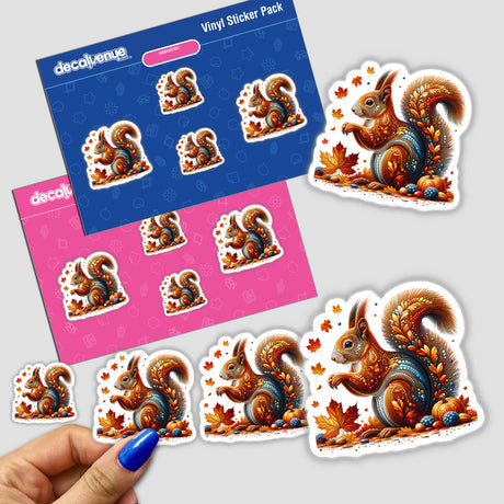 Beautiful Autumn Squirrel with Leaves sticker featuring a squirrel surrounded by leaves and pumpkins, available as stickers or digital artwork.