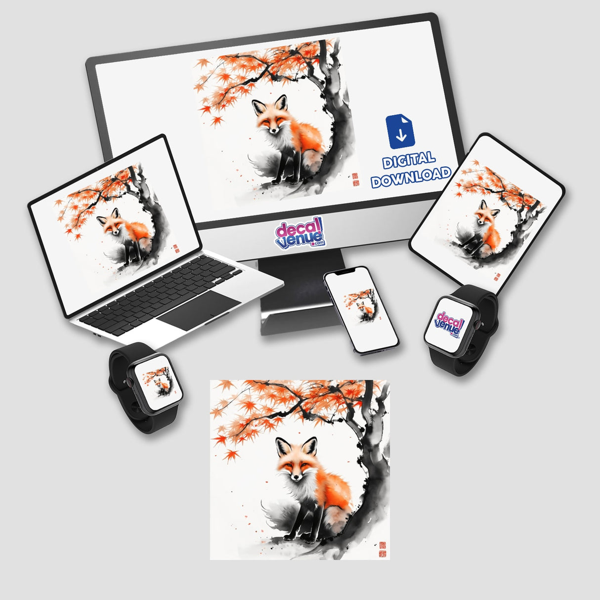 Sumi-e Fox Under Maple Tree Japanese Ink Painting available as stickers or digital art, showcasing a serene fox beneath a stylized maple tree, reflecting traditional Japanese ink artistry.
