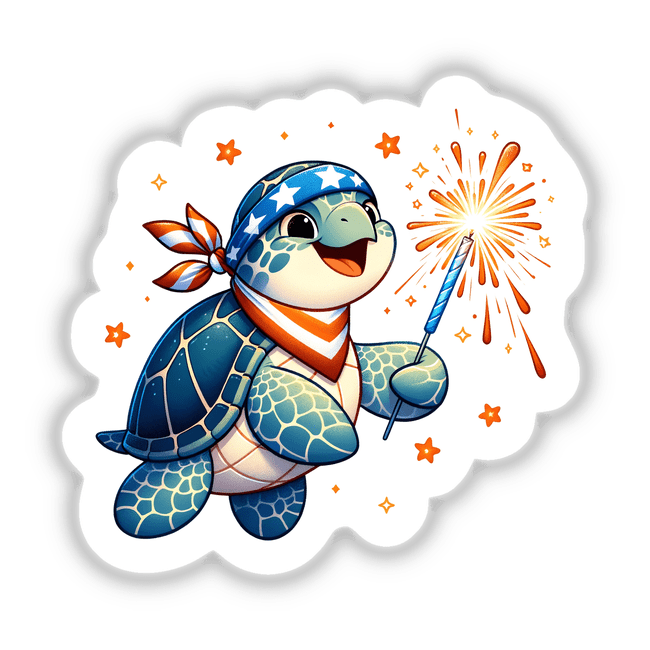 Patriotic Sea Turtle Wearing Bandana Holding Sparkler