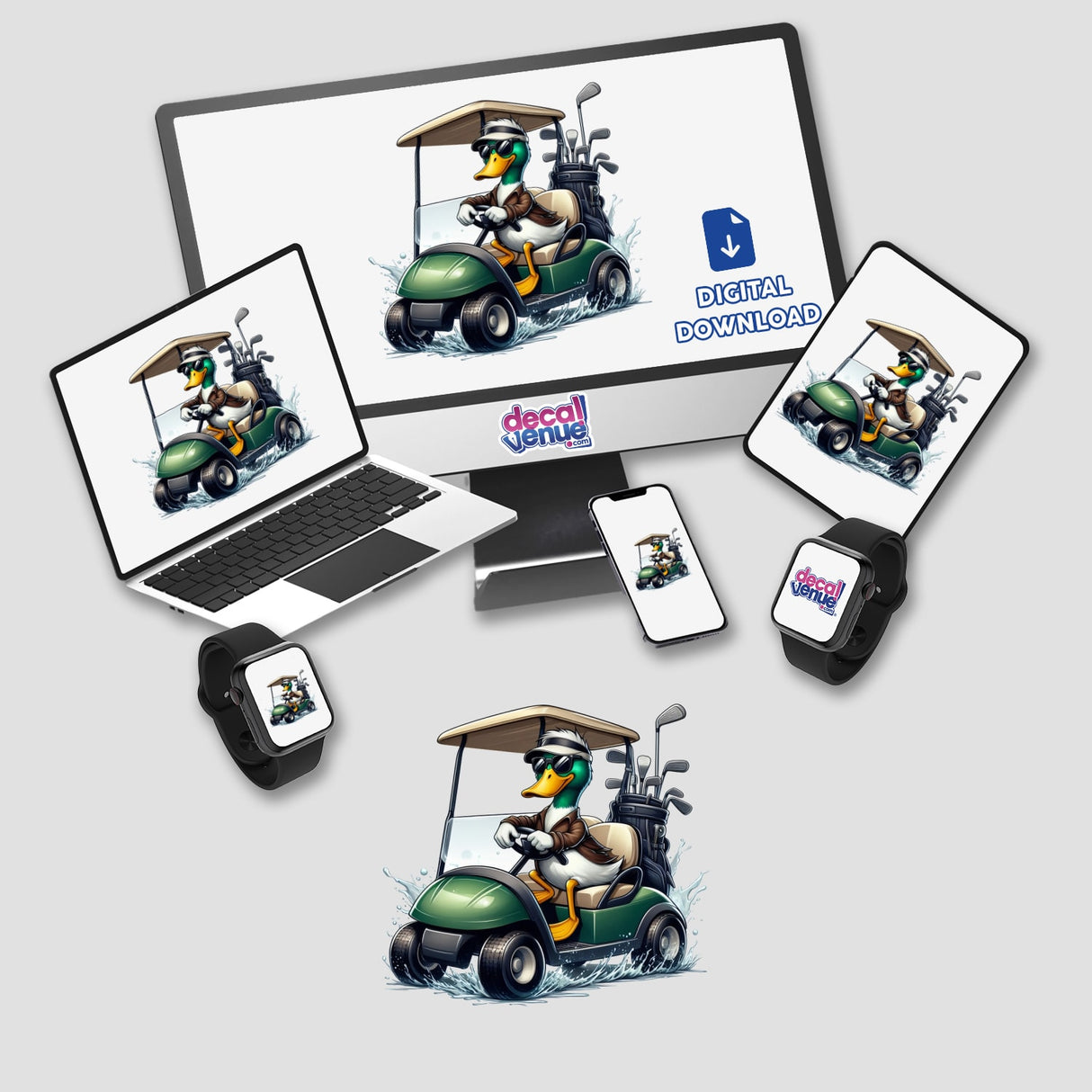 Mallard Duck Driving Golf Cart depicted on a computer screen; available as stickers or digital artwork. The image features a cartoon duck in a golf cart, embodying Decal Venue's unique vinyl sticker and digital art collection.