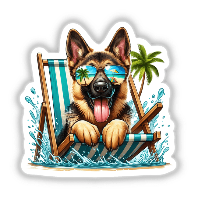 Peeking German Shepherd Dog in Beach Chair, wearing sunglasses; available as stickers or digital artwork from Decal Venue, known for unique vinyl stickers and digital art.