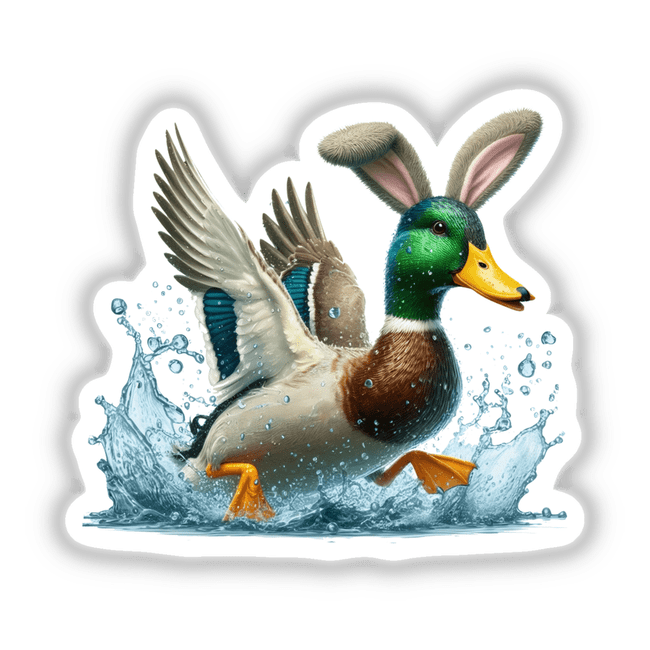 Mallard Duck w Bunny Ears Splashing: A whimsical duck with bunny ears running through water, available as unique stickers or digital artwork from Decal Venue.