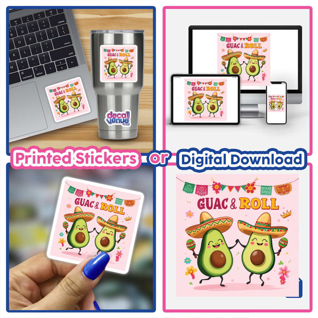 Cute Avocados with Sombreros Guac and Roll stickers feature whimsical avocado characters in sombreros, ideal for laptops or as digital artwork, embodying Decal Venue's unique style.