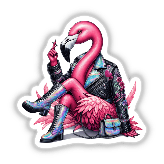 Flamingo Cool Biker Chic artwork featuring a stylish flamingo in biker gear, available as stickers or digital art, reflecting Decal Venue's unique collection of vinyl stickers and digital creations.