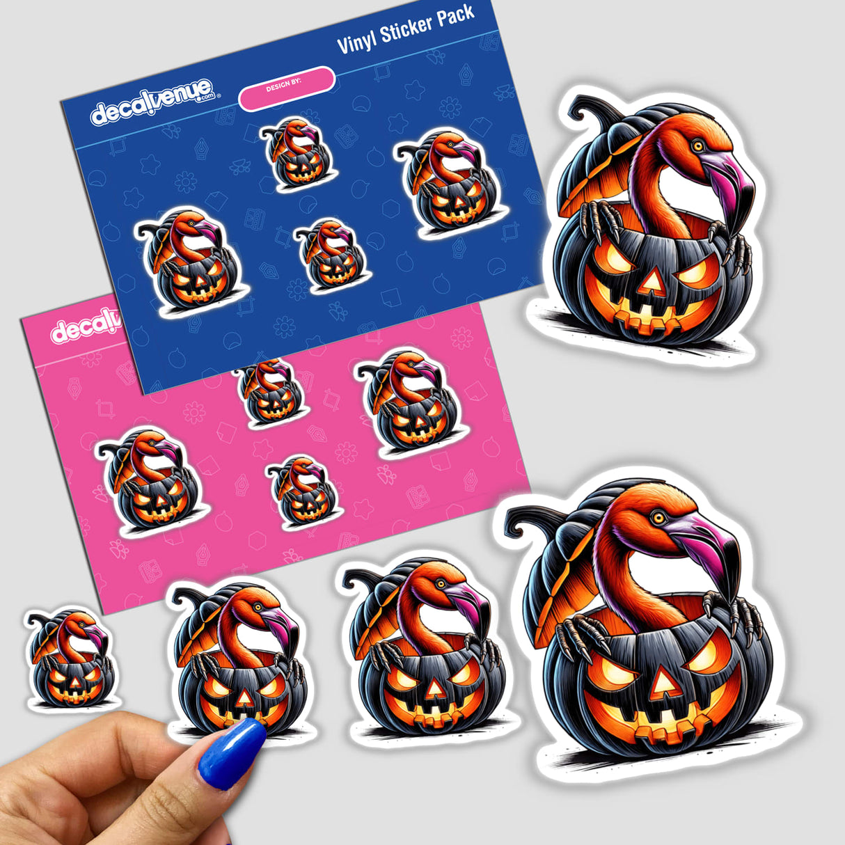Vibrant pumpkin-shaped Halloween stickers featuring a playful flamingo peeking out, surrounded by jack-o'-lanterns in an artful digital design.