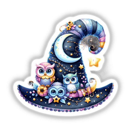 Cartoon Halloween Hat with Owls and Stars, featuring a whimsical owl with big eyes, surrounded by stars and a moon. Available as unique stickers or digital artwork from Decal Venue.
