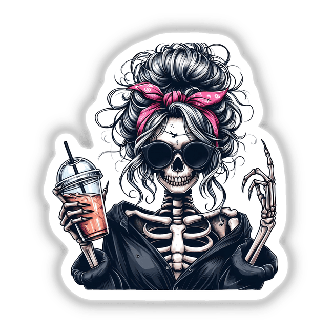 Spooky skeleton woman in punk rock style with messy hair, sunglasses, and holding a drink