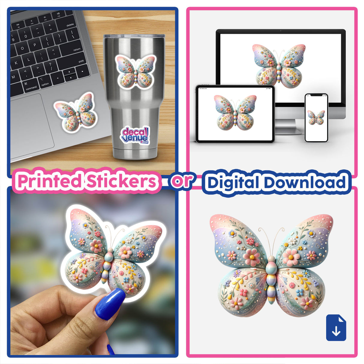 Beautiful Pastel Easter Butterfly with Floral Design, featuring intricate floral patterns, available as stickers or digital artwork, displayed on a laptop, emphasizing unique craftsmanship from Decal Venue.