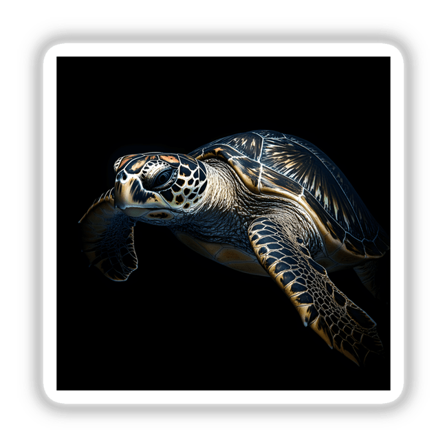 Cinematic Sea Turtle Portrait on Black Background, featuring a close-up of a sea turtle swimming, available as stickers or digital artwork from Decal Venue.