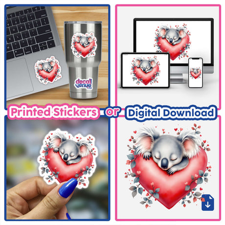 Sleeping Koala on Heart stickers and digital artwork collage, featuring koala designs for personalizing items like laptops or enhancing digital spaces, offered by Decal Venue.
