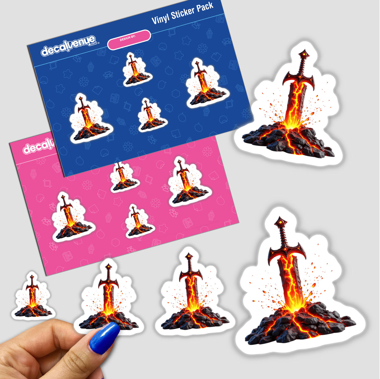 Molten Lava Sword sticker pack featuring vibrant sword designs with lava motifs, capturing fantasy and adventure. Perfect for enhancing collections with DecalVenue's unique digital art and stickers.