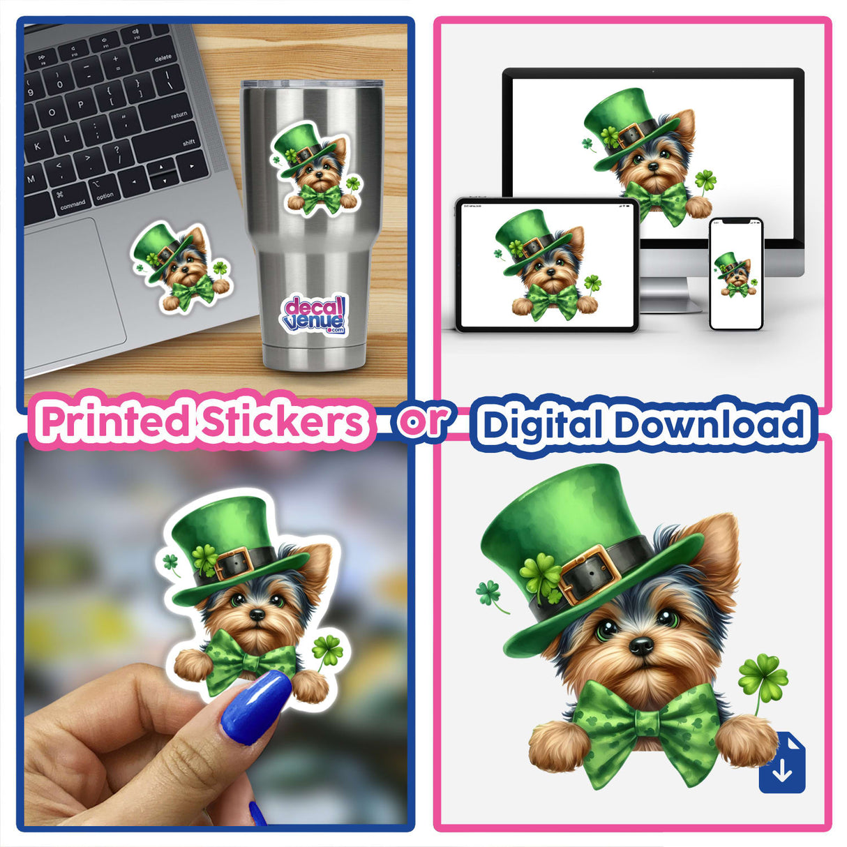 Watercolor Peeking St Patricks Yorkie Dog features a cute Yorkie in a hat and bow tie, available as stickers or digital artwork, ideal for decorating laptops or cups.