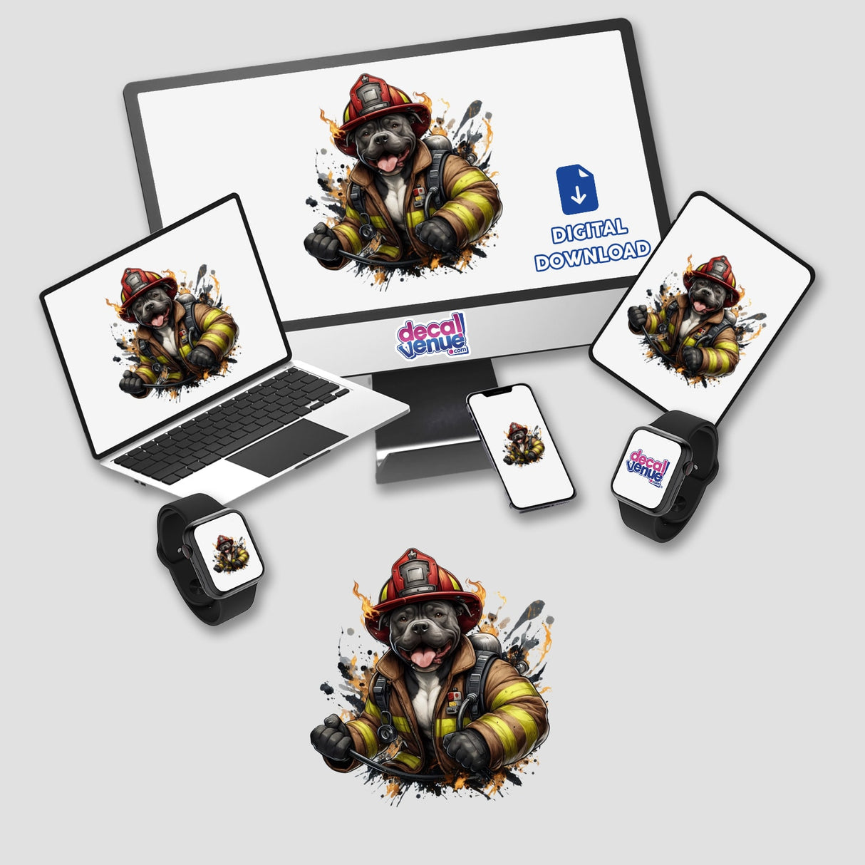 Firefighter Pitbull Dog depicted on a computer monitor and laptop screen, showcasing a dog in a firefighter uniform. Available as stickers or digital artwork from Decal Venue.