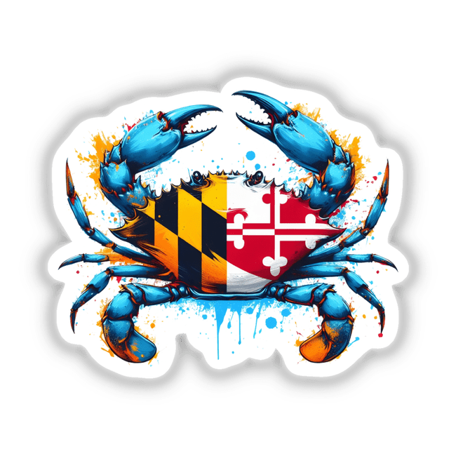 Maryland Flag Splatter Crab featuring a vibrant blue crab with a flag design, available as stickers or digital artwork. Perfect for adding a touch of unique, artistic flair.