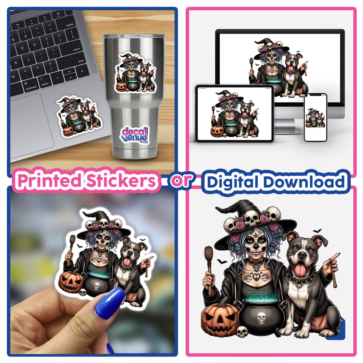 Collage featuring Pitbull Dog and Mama Witch Halloween Brew stickers and digital artwork, with cartoon dogs, pumpkins, and a woman with a dog, emphasizing unique designs for Decal Venue.