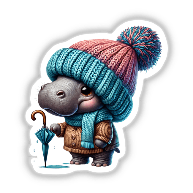 Hippo Gnome with Umbrella wearing a cozy knitted hat and scarf, available as stickers or digital art.
