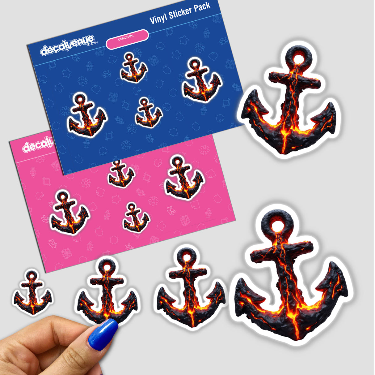 Molten Lava Anchor sticker pack held in hand, featuring black anchors with lava design, available as stickers or digital artwork from Decal Venue.