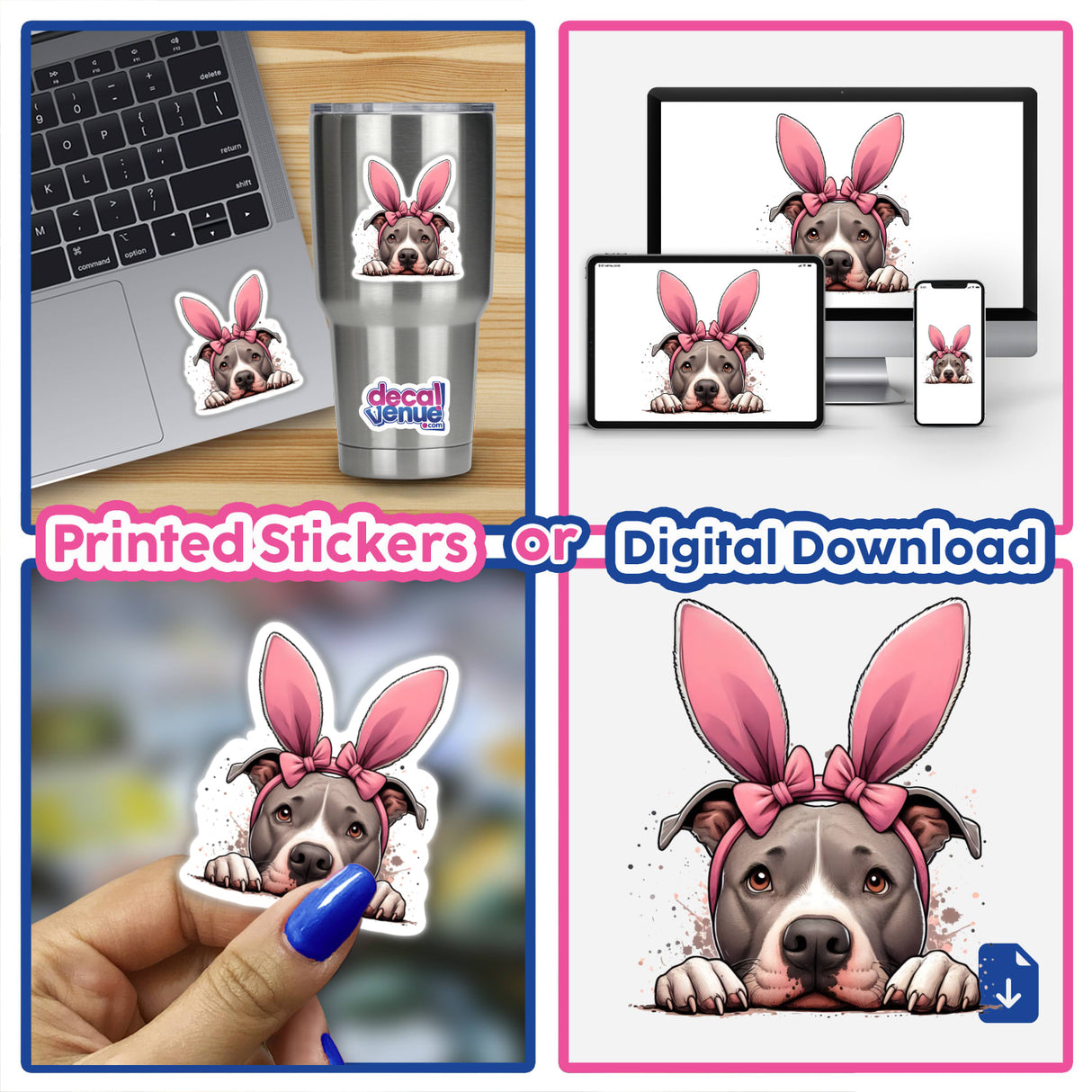 Pink Bunny Ears Peeking Pitbull II: a collage featuring a dog sticker on a laptop, cup, and fingernail, showcasing a playful dog with pink bunny ears, available as stickers or digital artwork.