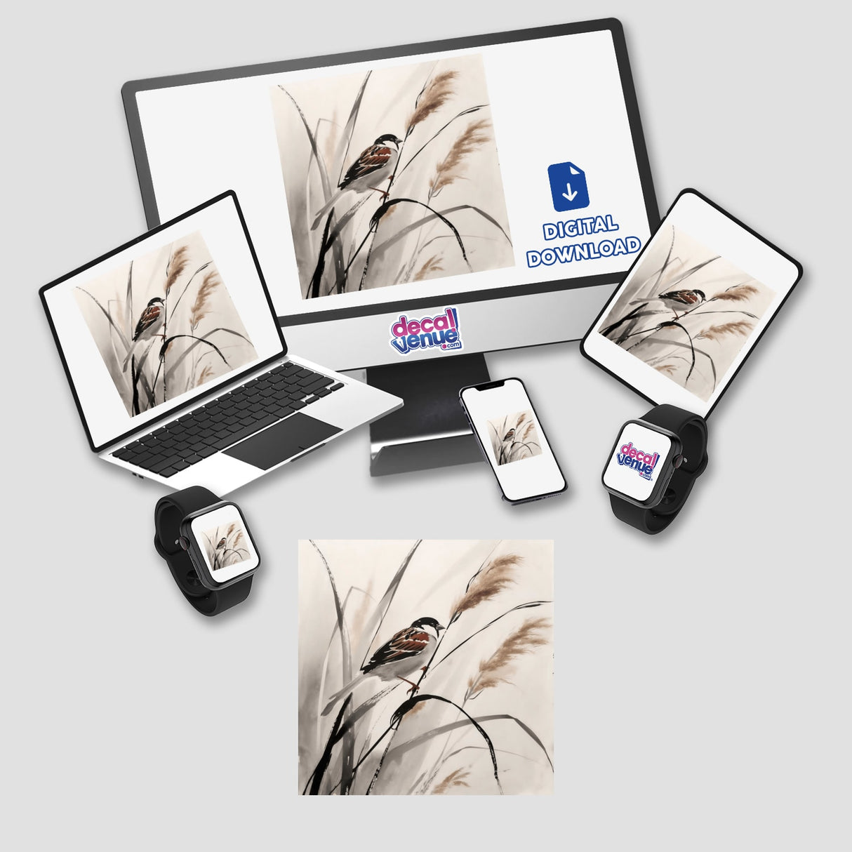 Sumi-e Sparrow on Reed Delicate Japanese Watercolor Scene featured as a vinyl sticker or digital artwork, capturing a serene sparrow perched on a reed, embodying minimalist elegance.