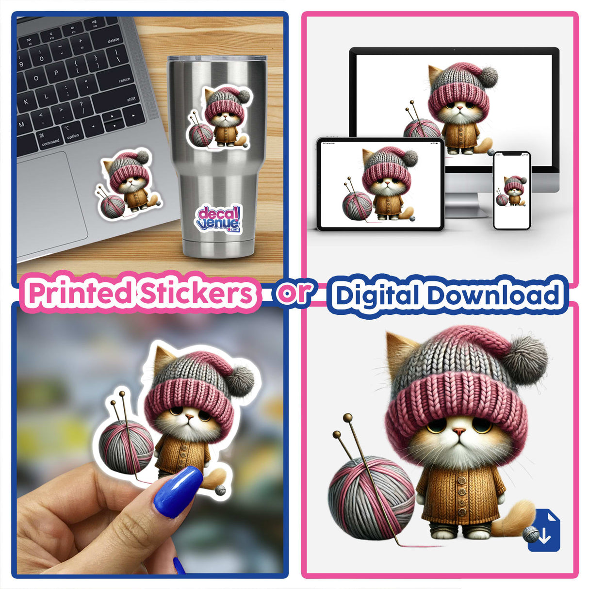 Collage of a cat gnome with a ball of yarn, featuring close-ups of a cat wearing a knitted hat and sweater. Available as Stickers or Digital Artwork from Decal Venue.
