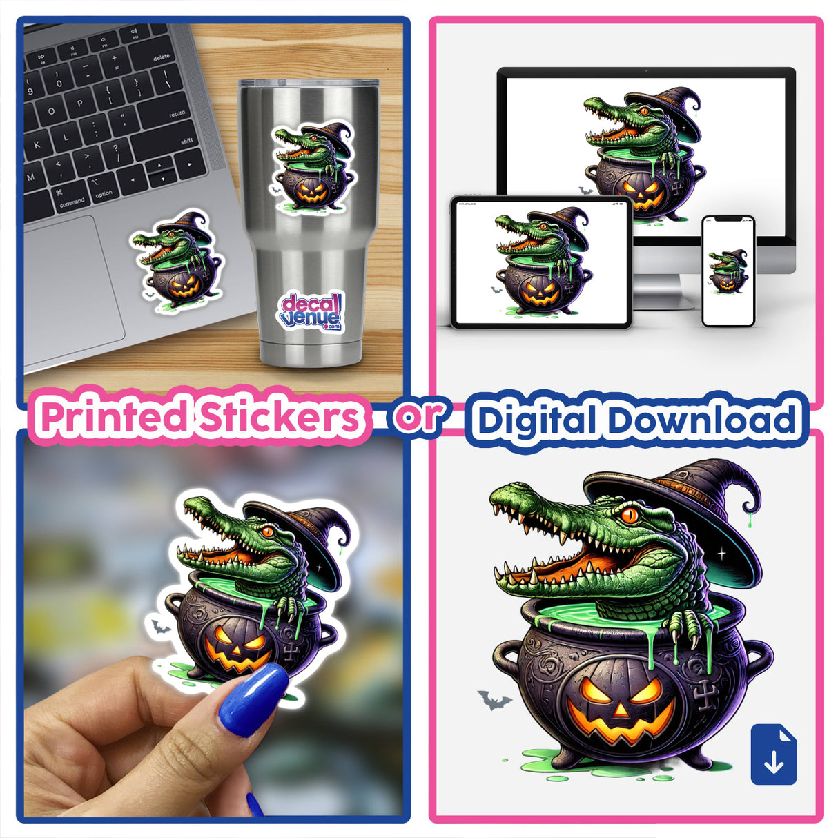 Crocodile emerging from cauldron with Halloween decorations