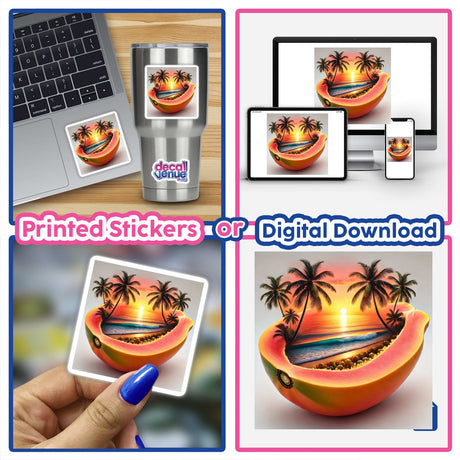 Collage featuring Sunset in the Tropics Beach Scene Inside a Papaya with images of papayas, palm trees, beach scenes, and a laptop displaying tropical artwork. Available as stickers or digital artwork.